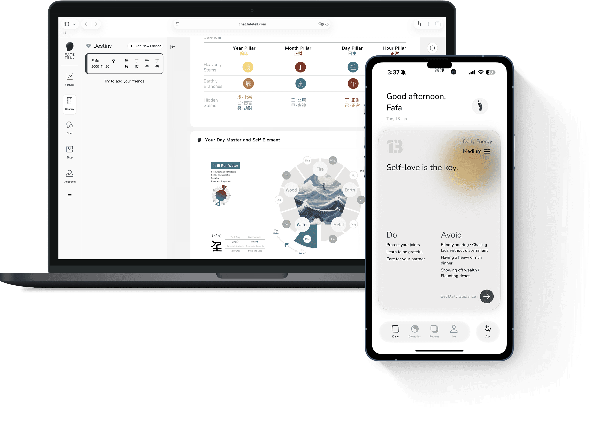 FateTell AI BaZi birth chart and daily fortune displayed on a laptop and phone